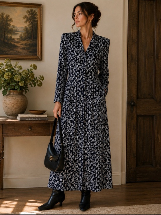 Talbots Dresses & Skirts - Vintage 90s Talbots Navy Paisley Button Front Maxi Dress Size 12